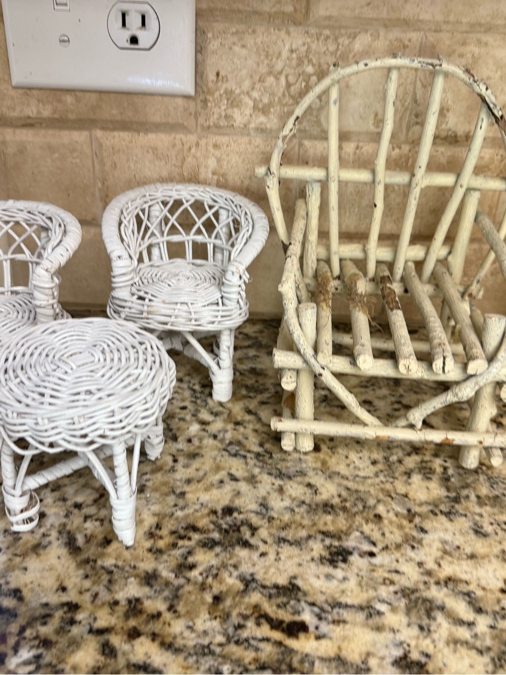 Vintage Miniature Wicker Chair and Stools Set - White